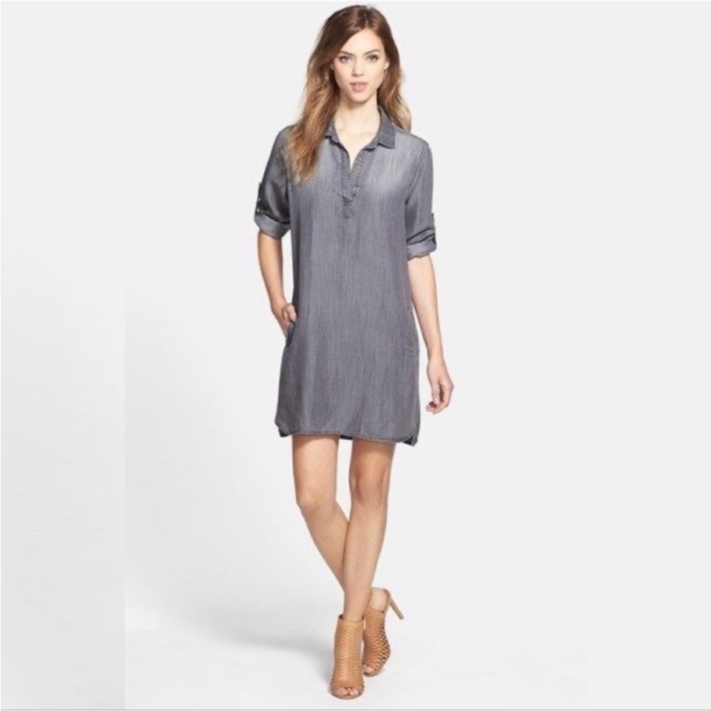 Bella Dahl Side Stitch Roll Sleeve Chambray Shirtdress Medium